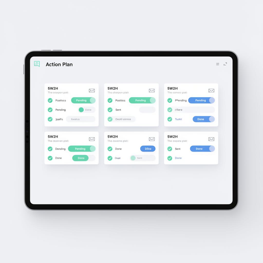 Tela de plano de ação 5W2H com cards de status e e-mail