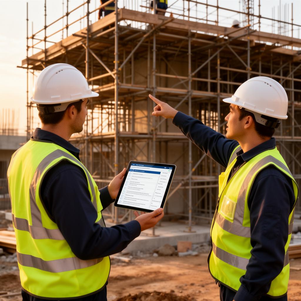Inspetores realizando inspeção em canteiro de obras com tablet