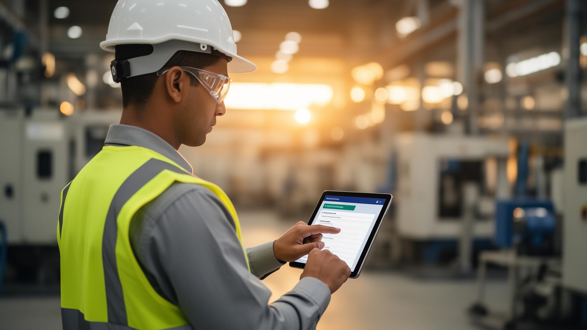 Inspetor de segurança do trabalho usando tablet em planta industrial